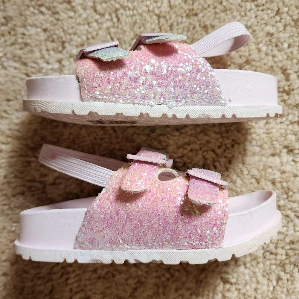 First Steps Toddle Girls' Sandals Slip On Double Buckle Slide Pink Glitter Sz: 5